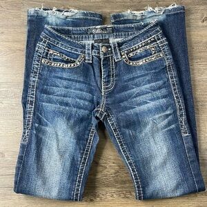 Cello Women’s Juniors Embellished Distressed Boot Cut Jeans, size 3